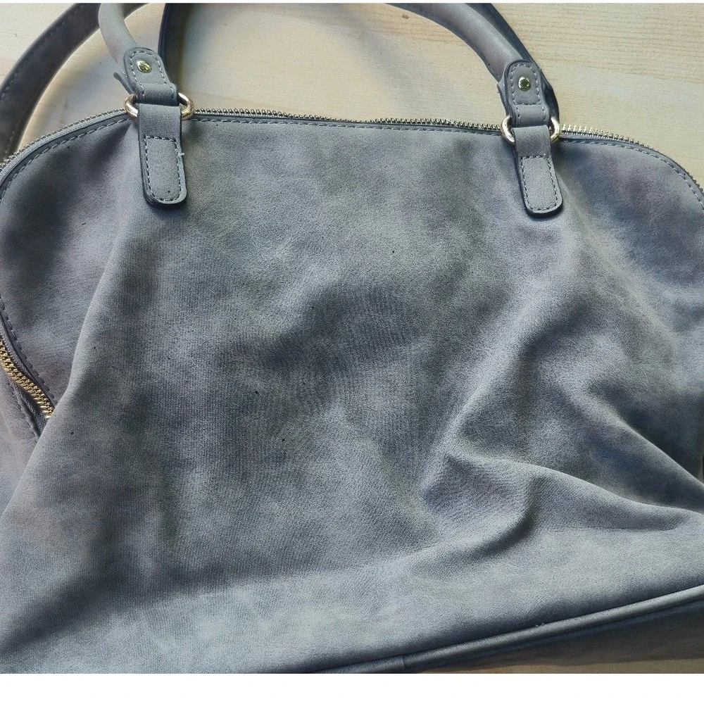 Grey Faux Suede Multi-Zip‎ Satchel Handbag Gold Hardware Crossbody Bag
